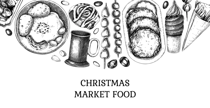 Traditional European Christmas market food banner. Fast food menu design elements. Vintage hand-drawn vector illustration. Pastry, sweets, grilled sausages, hot drinks sketches. Christmas street food